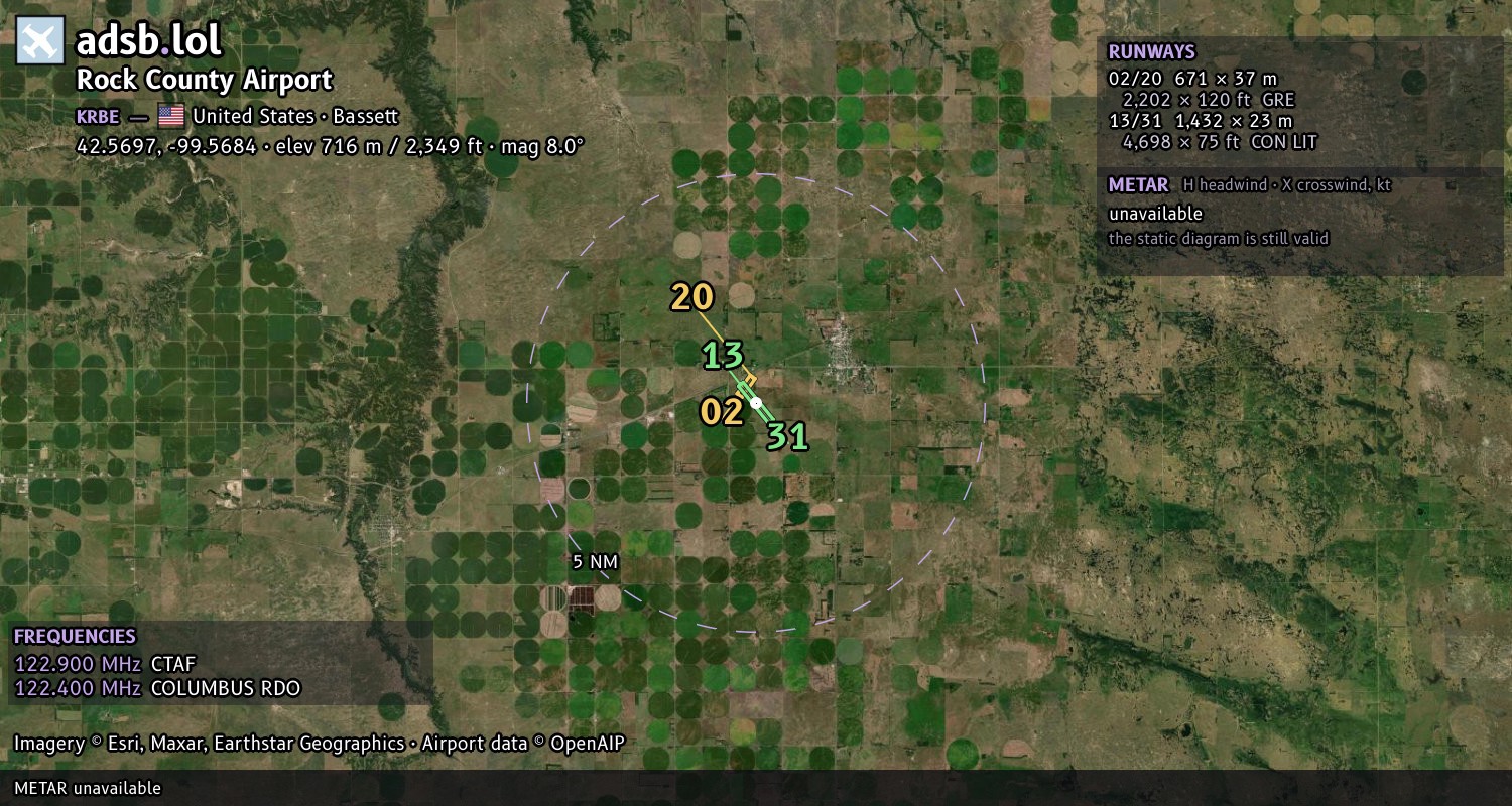Satellite map with the runway layout of Rock County Airport (KRBE)