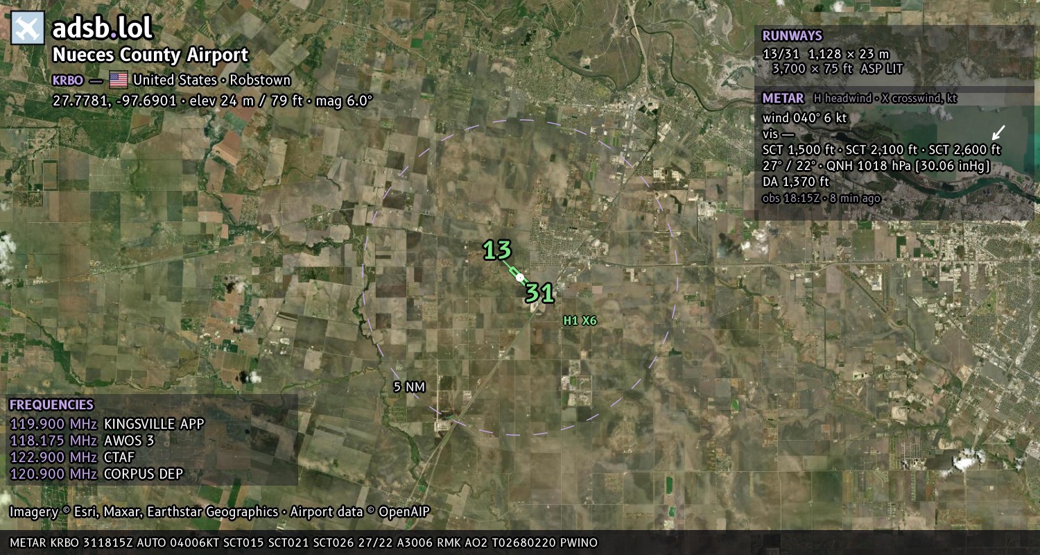 Satellite map with the runway layout of Nueces County Airport (KRBO)