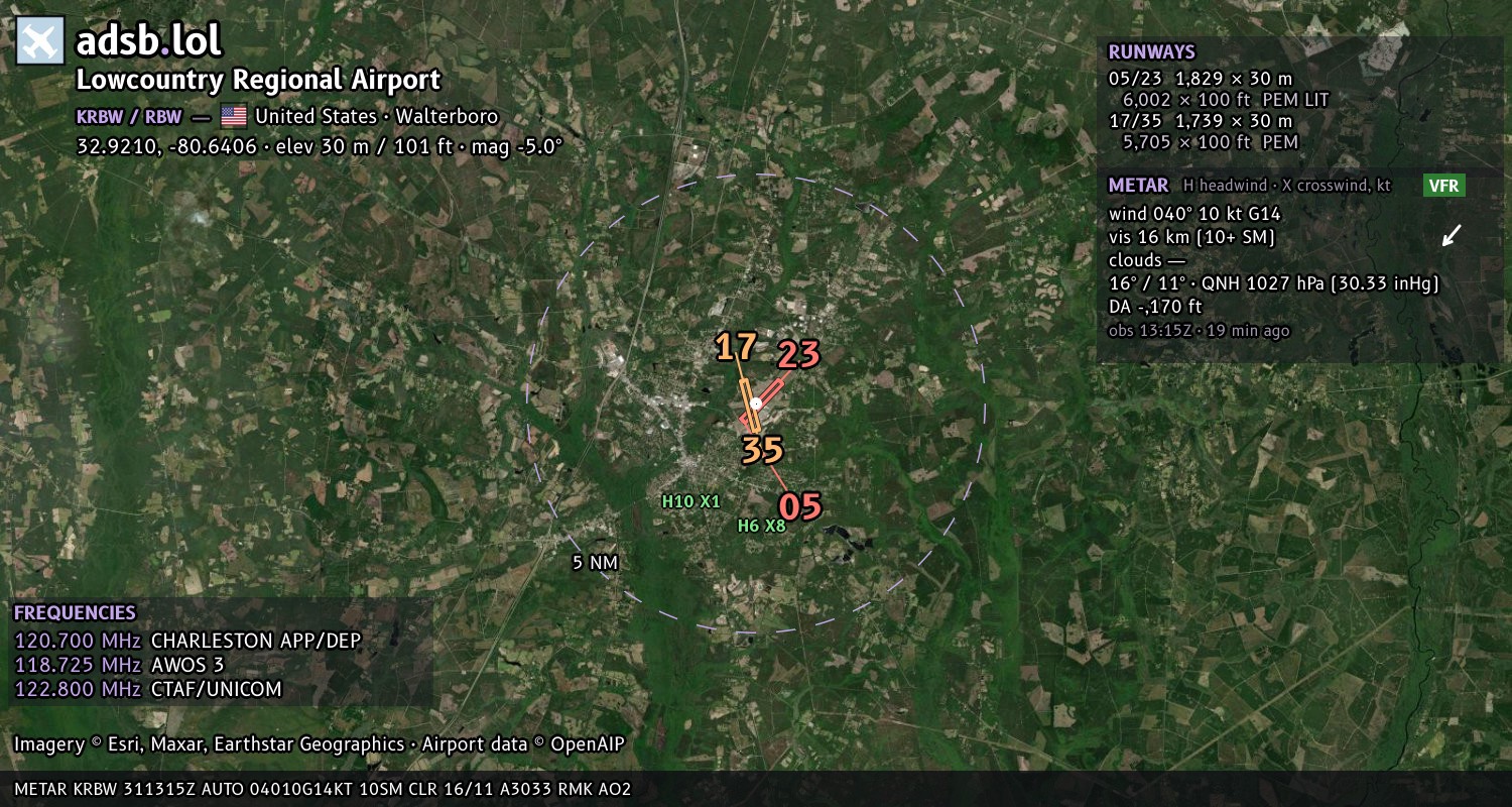 Satellite map with the runway layout of Lowcountry Regional Airport (KRBW)