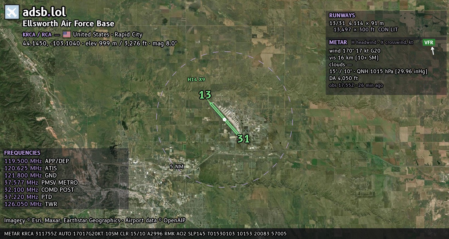 Satellite map with the runway layout of Ellsworth Air Force Base (KRCA)