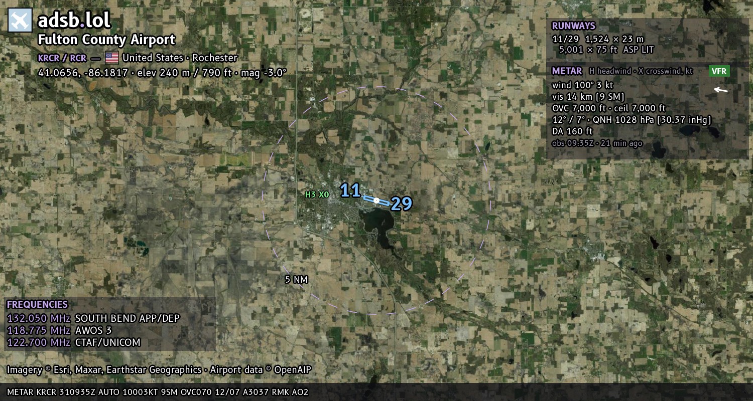 Satellite map with the runway layout of Fulton County Airport (KRCR)