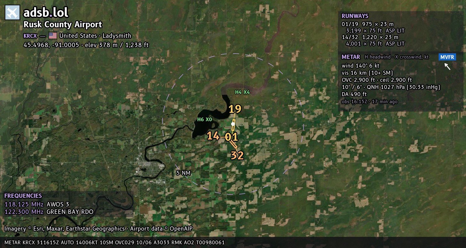 Satellite map with the runway layout of Rusk County Airport (KRCX)