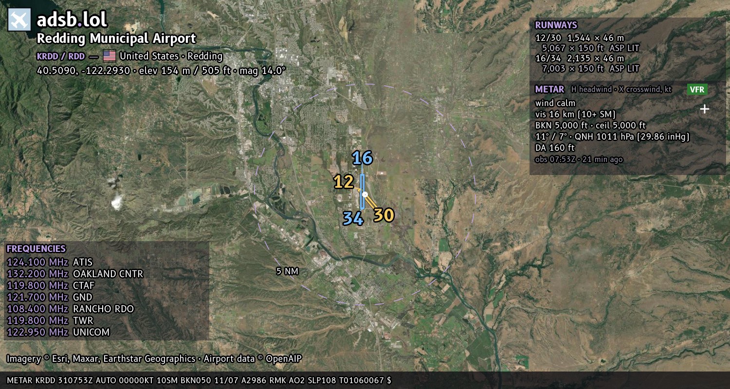 Satellite map with the runway layout of Redding Municipal Airport (KRDD)