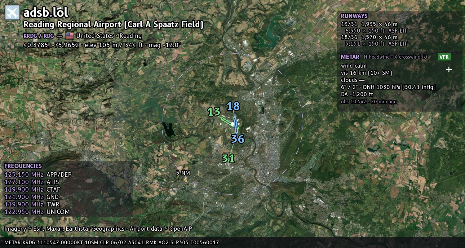 Satellite map with the runway layout of Reading Regional Airport (Carl A Spaatz Field) (KRDG)