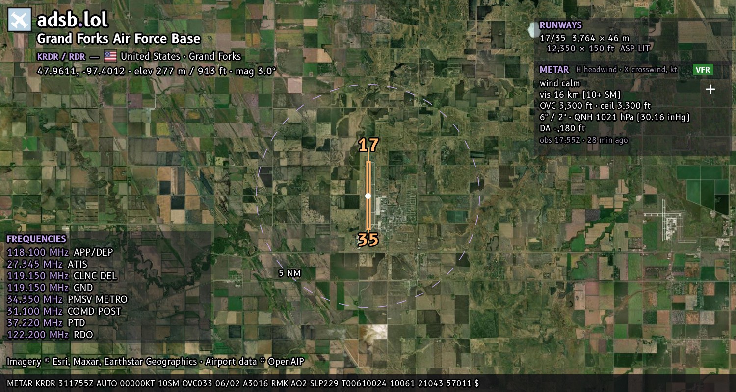Satellite map with the runway layout of Grand Forks Air Force Base (KRDR)