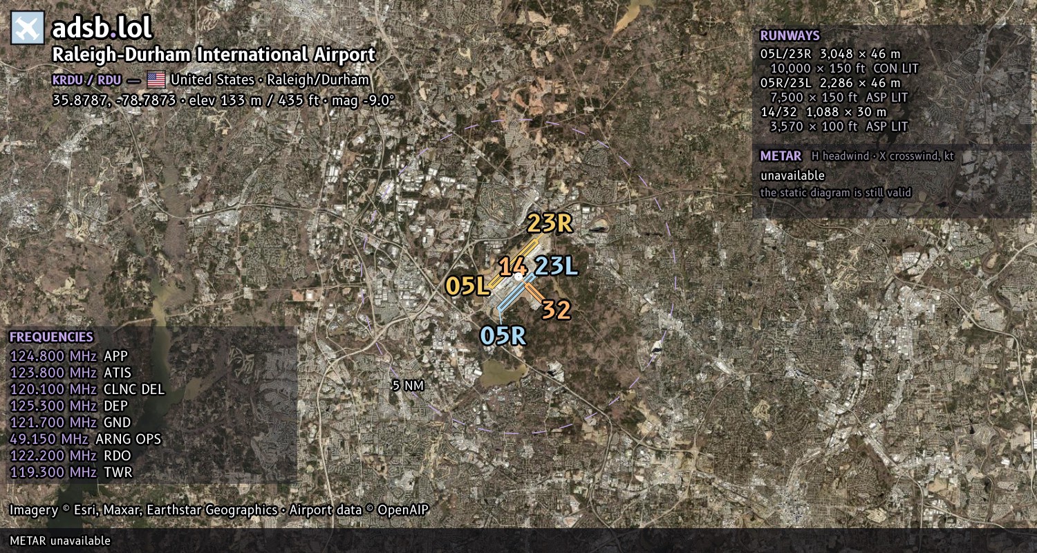 Satellite map with the runway layout of Raleigh-Durham International Airport (KRDU)