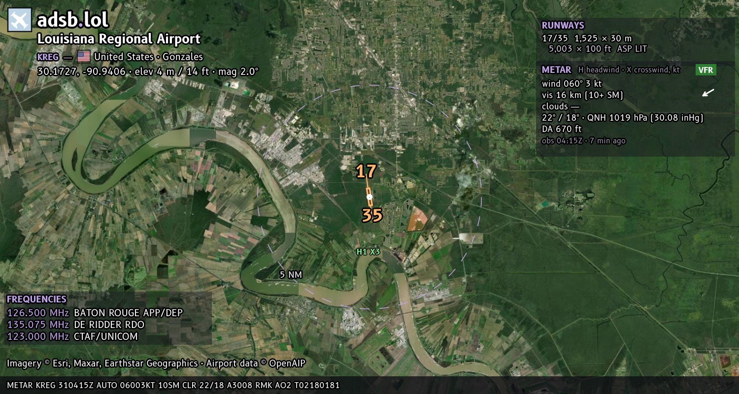 Satellite map with the runway layout of Louisiana Regional Airport (KREG)