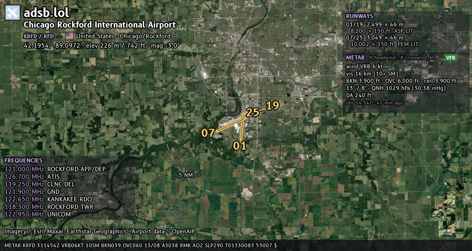 Satellite map with the runway layout of Chicago Rockford International Airport (KRFD)