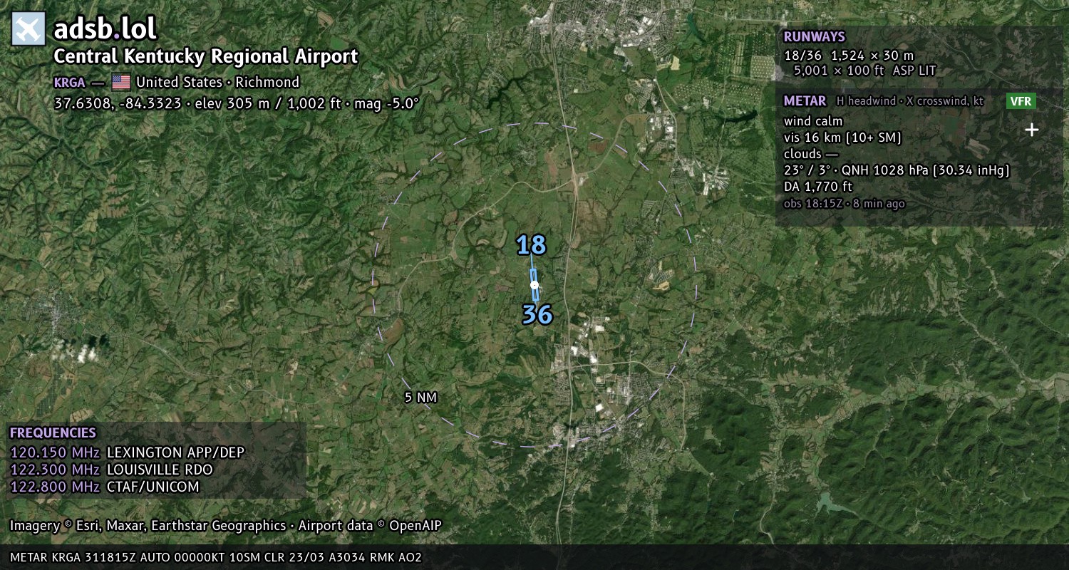Satellite map with the runway layout of Central Kentucky Regional Airport (KRGA)