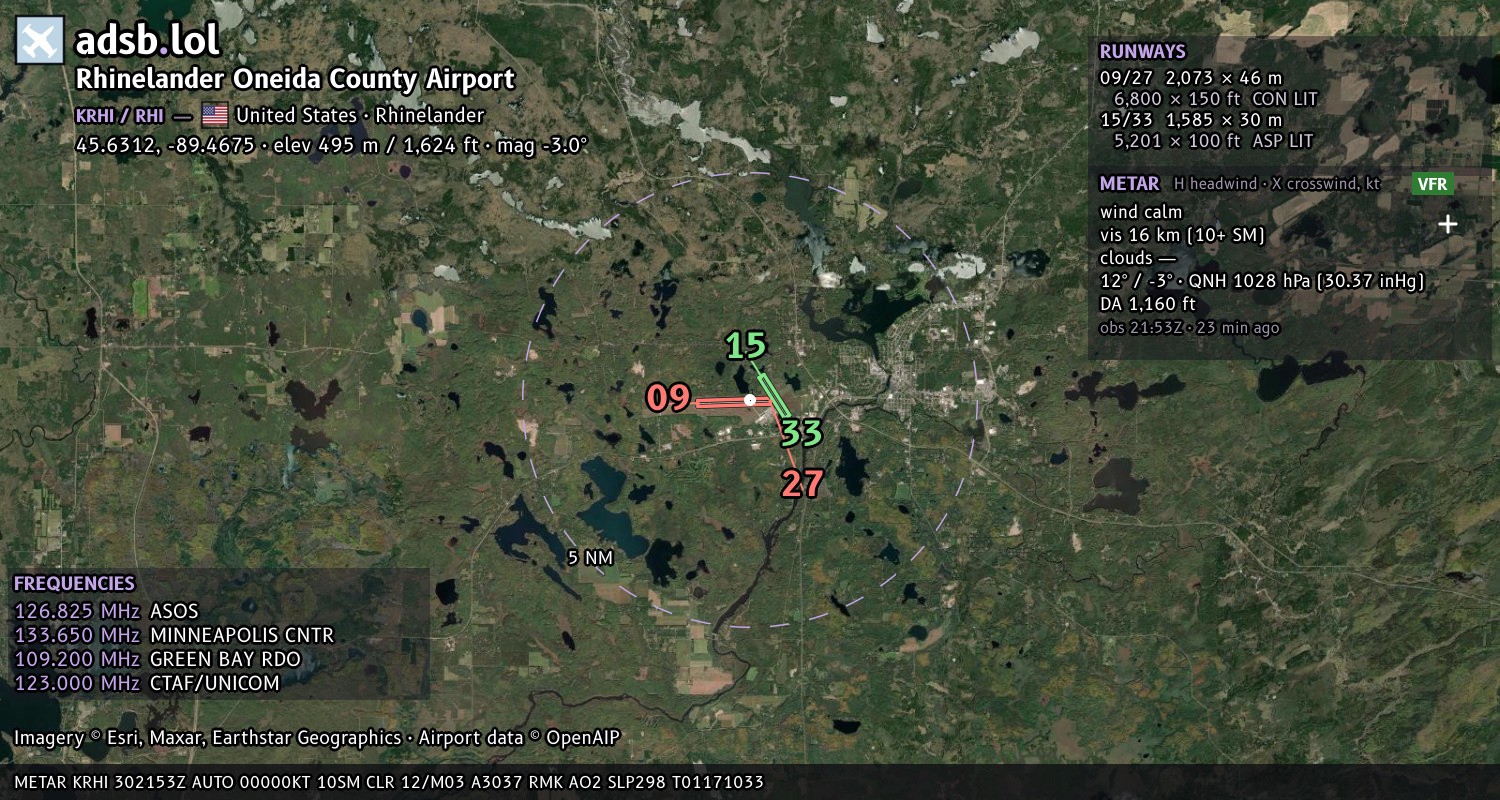Satellite map with the runway layout of Rhinelander Oneida County Airport (KRHI)