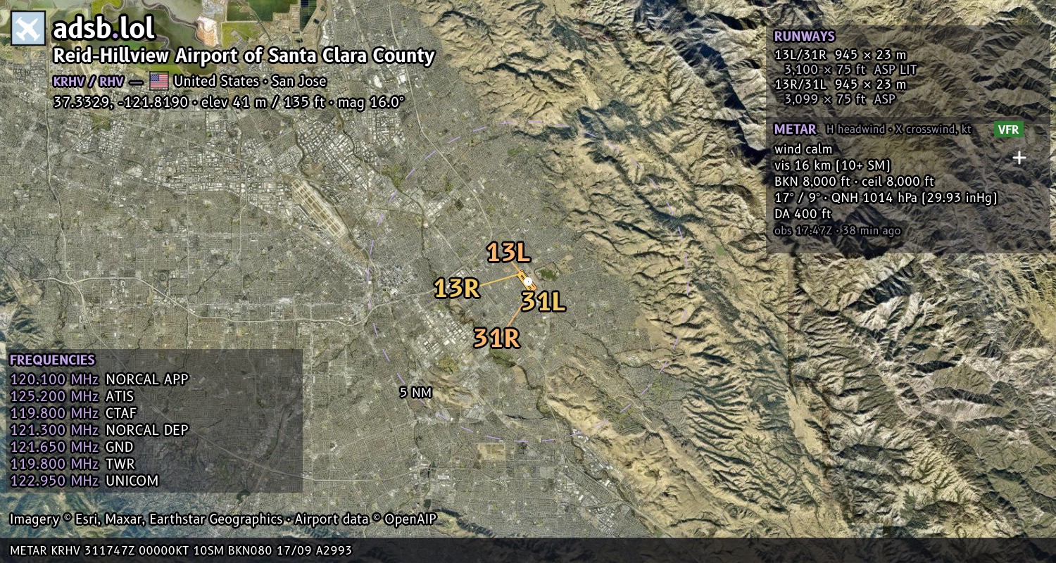 Satellite map with the runway layout of Reid-Hillview Airport of Santa Clara County (KRHV)