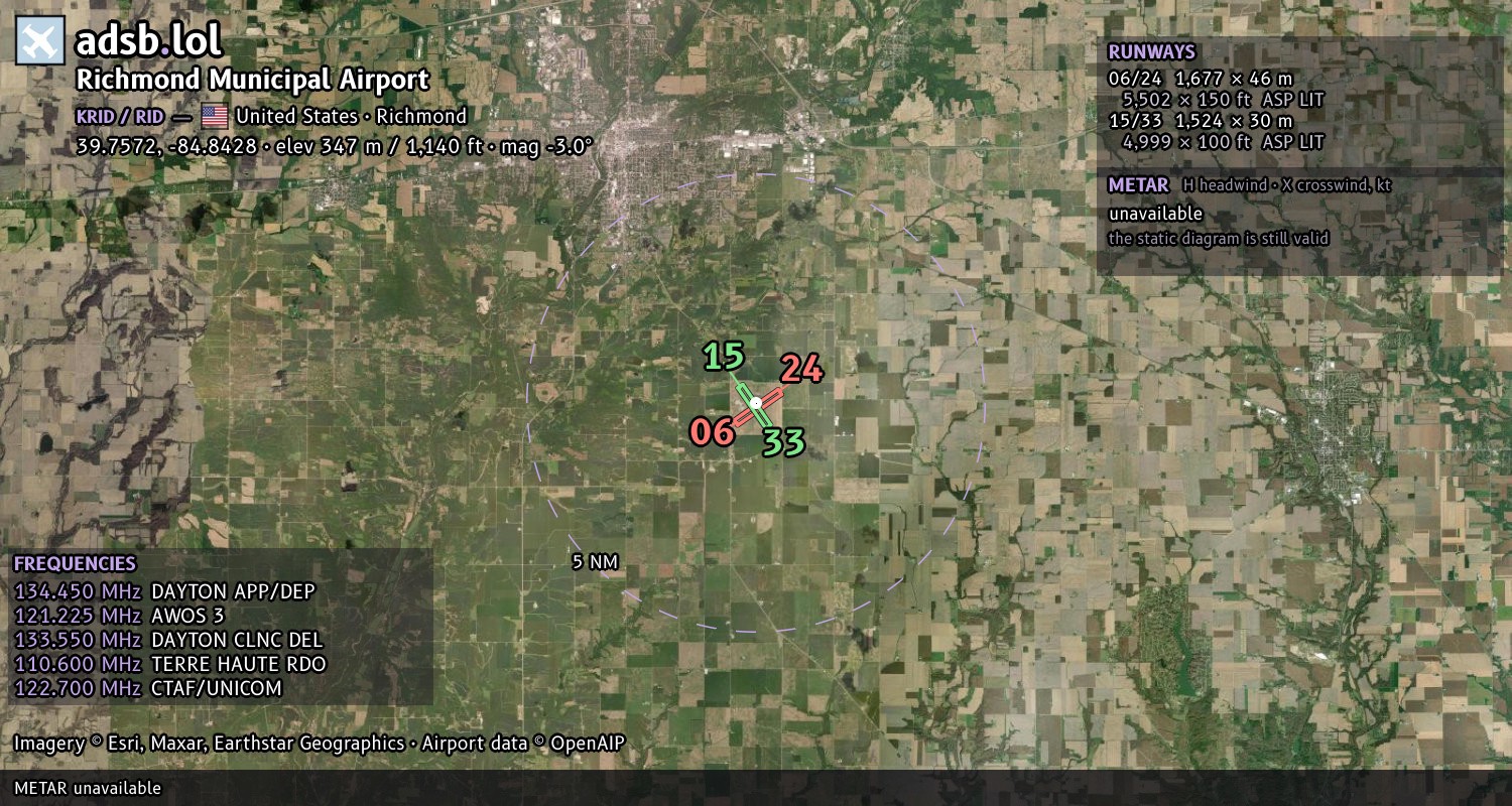 Satellite map with the runway layout of Richmond Municipal Airport (KRID)