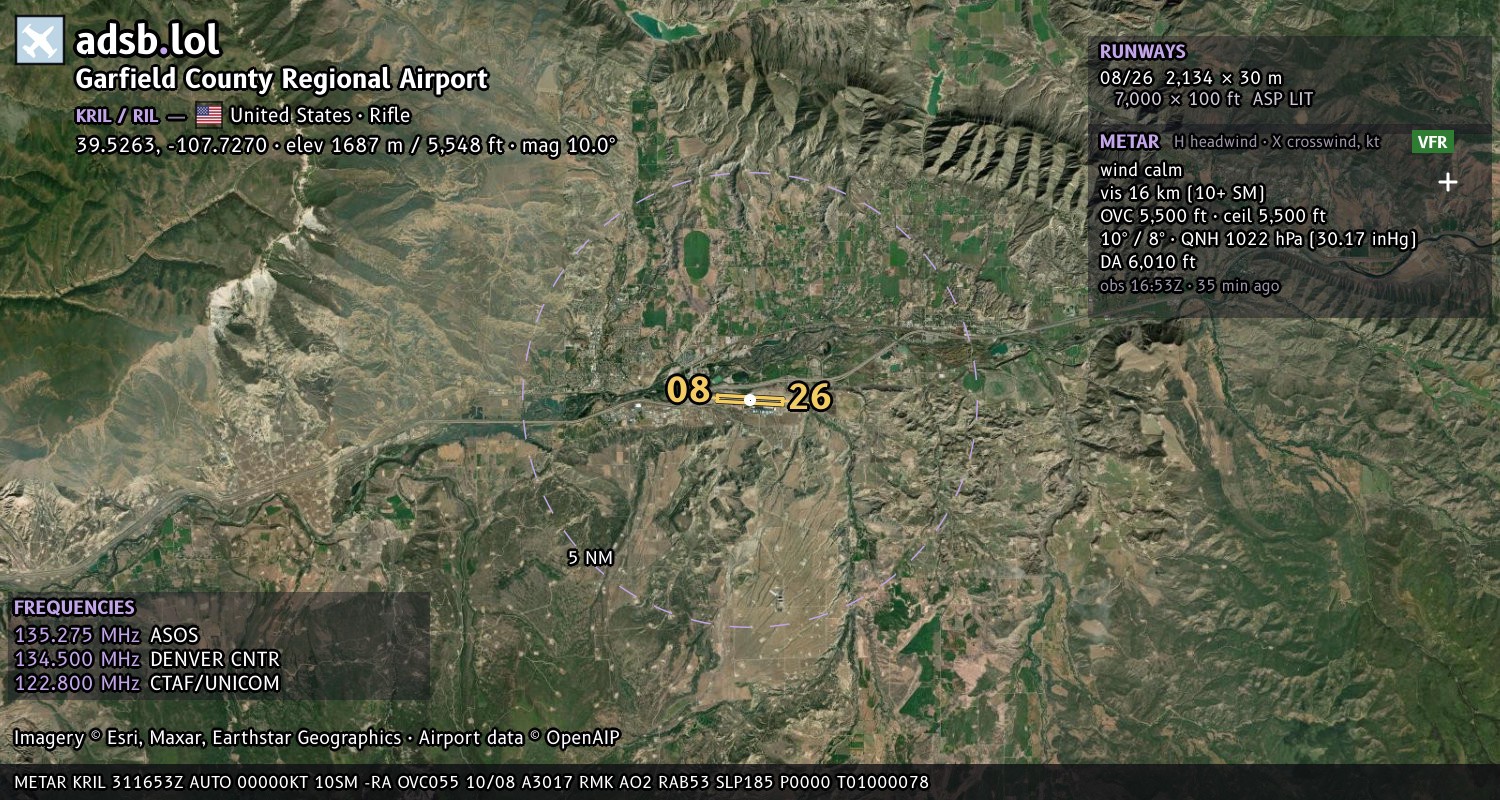Satellite map with the runway layout of Garfield County Regional Airport (KRIL)