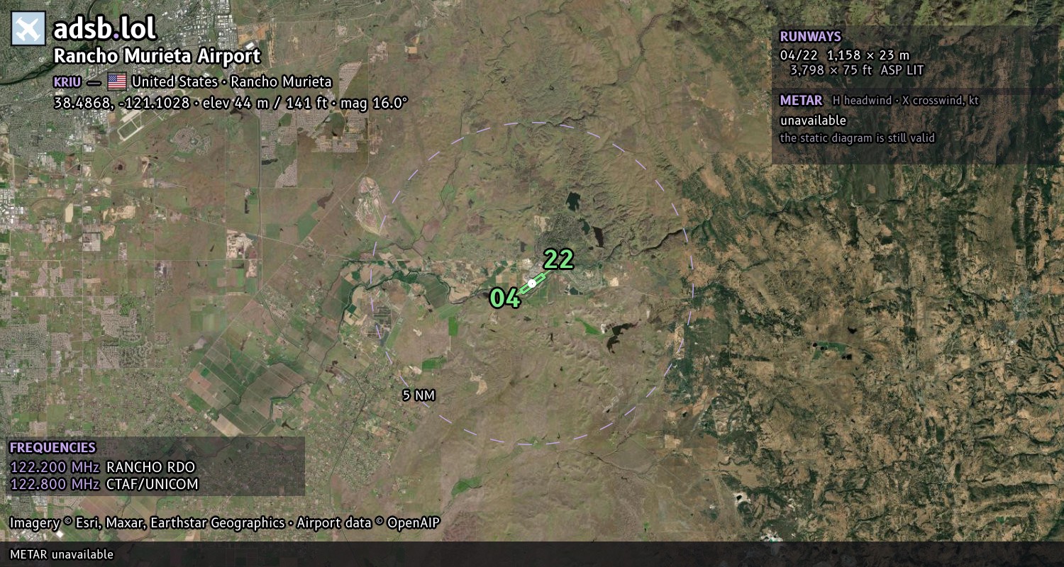 Satellite map with the runway layout of Rancho Murieta Airport (KRIU)