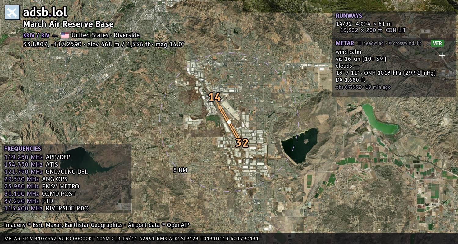 Satellite map with the runway layout of March Air Reserve Base (KRIV)