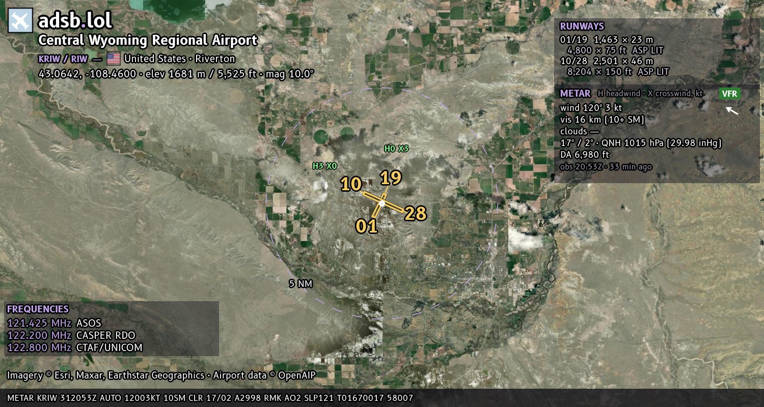 Satellite map with the runway layout of Central Wyoming Regional Airport (KRIW)