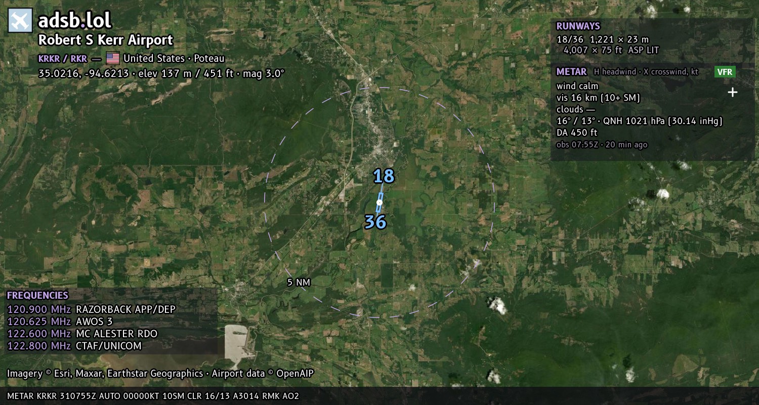 Satellite map with the runway layout of Robert S Kerr Airport (KRKR)