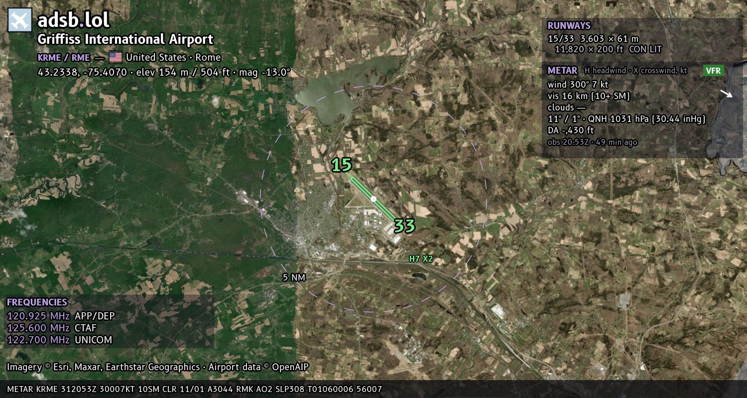Satellite map with the runway layout of Griffiss International Airport (KRME)