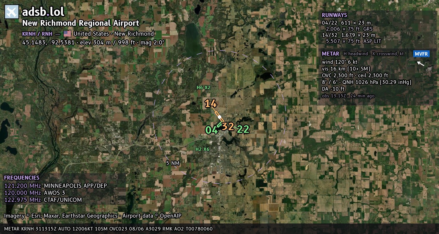 Satellite map with the runway layout of New Richmond Regional Airport (KRNH)