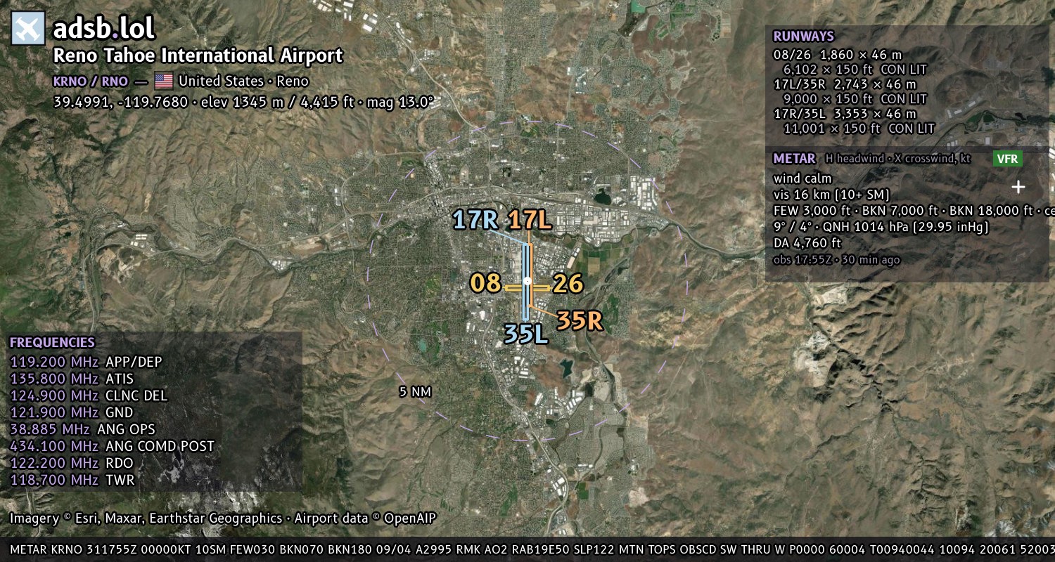 Satellite map with the runway layout of Reno Tahoe International Airport (KRNO)