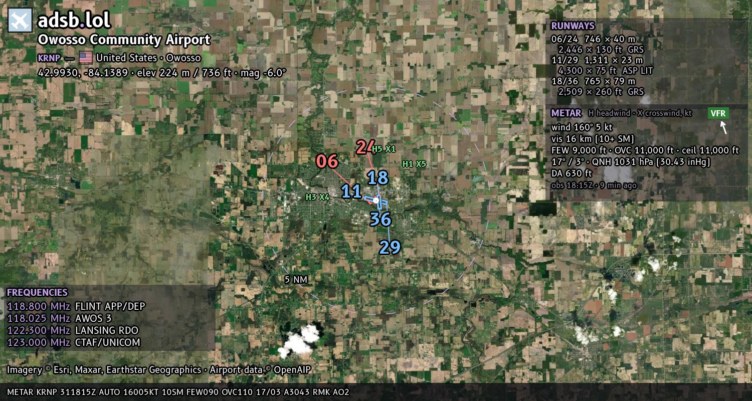 Satellite map with the runway layout of Owosso Community Airport (KRNP)