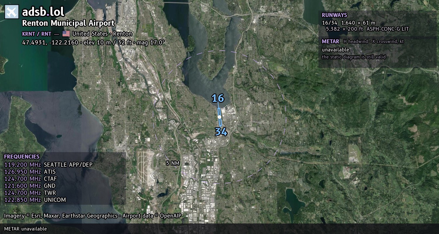 Satellite map with the runway layout of Renton Municipal Airport (KRNT)