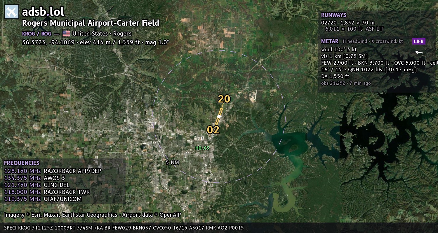 Satellite map with the runway layout of Rogers Municipal Airport-Carter Field (KROG)