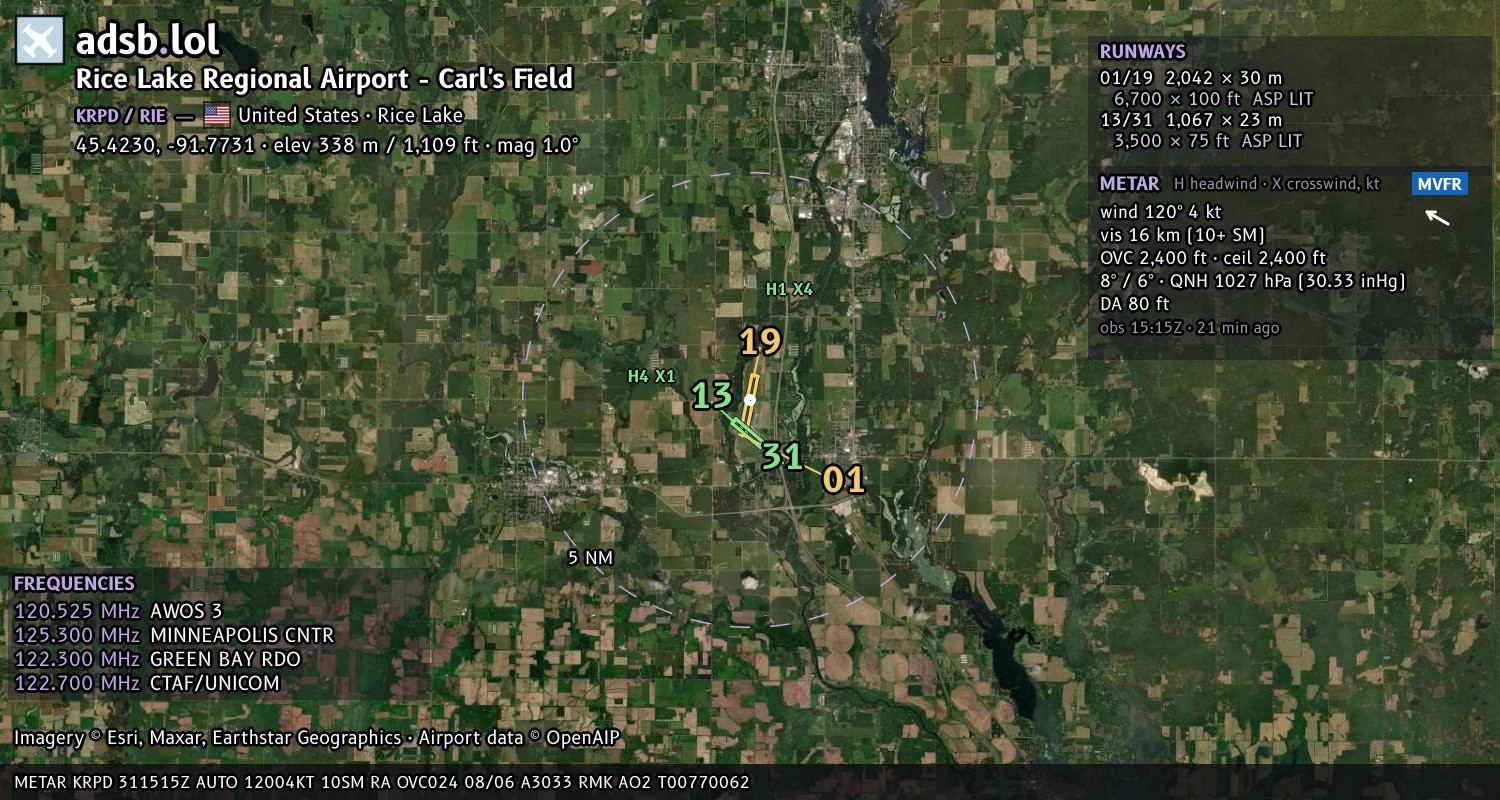 Satellite map with the runway layout of Rice Lake Regional Airport - Carl's Field (KRPD)