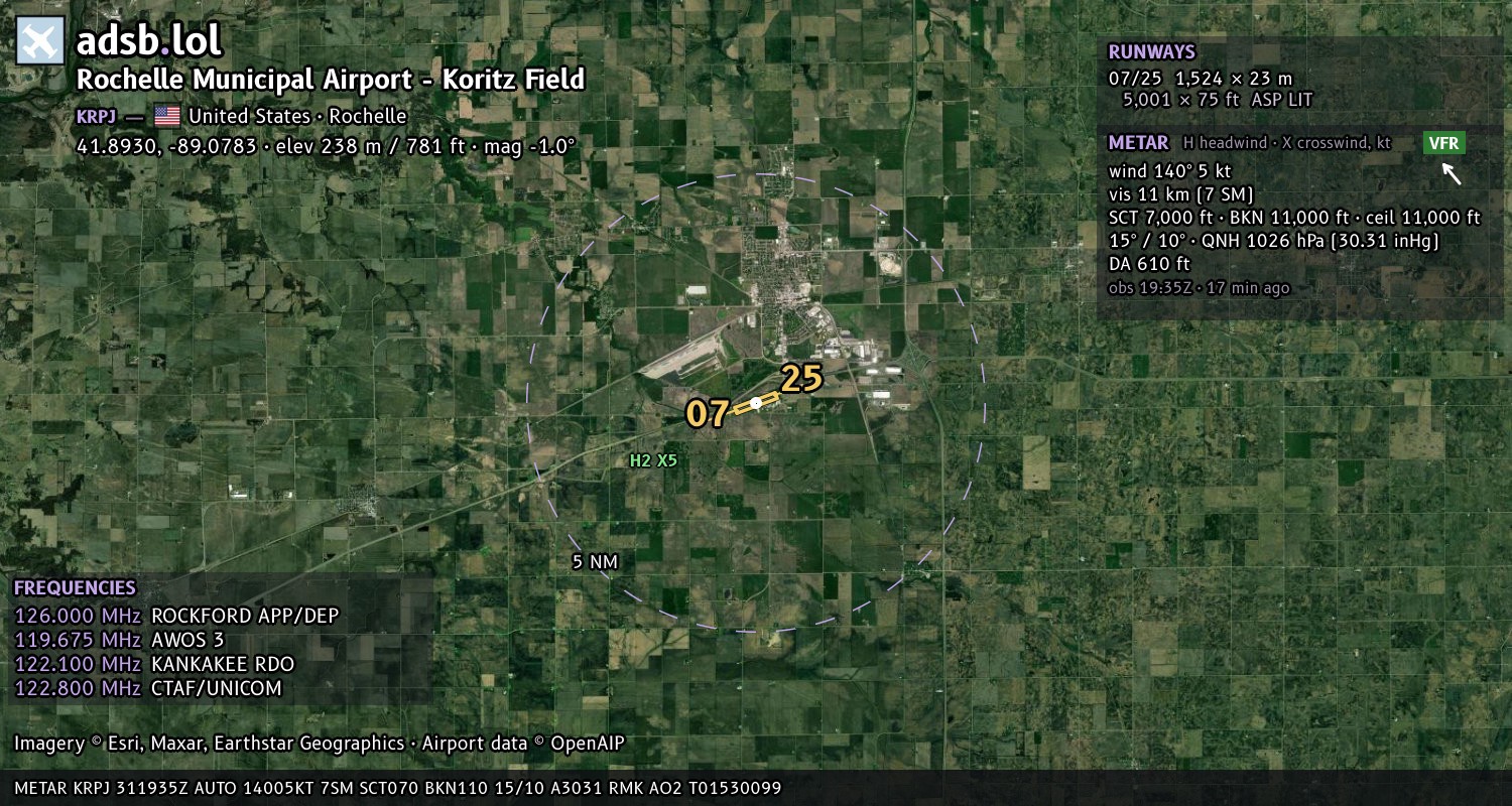 Satellite map with the runway layout of Rochelle Municipal Airport - Koritz Field (KRPJ)
