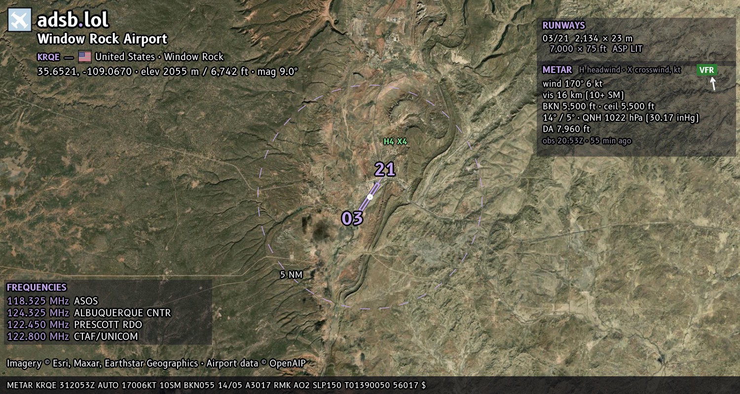 Satellite map with the runway layout of Window Rock Airport (KRQE)