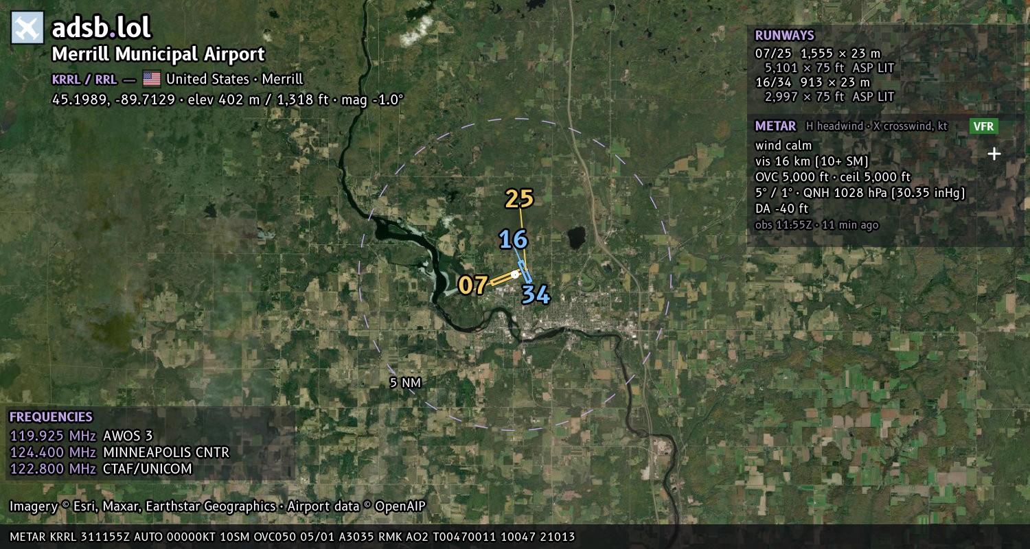 Satellite map with the runway layout of Merrill Municipal Airport (KRRL)