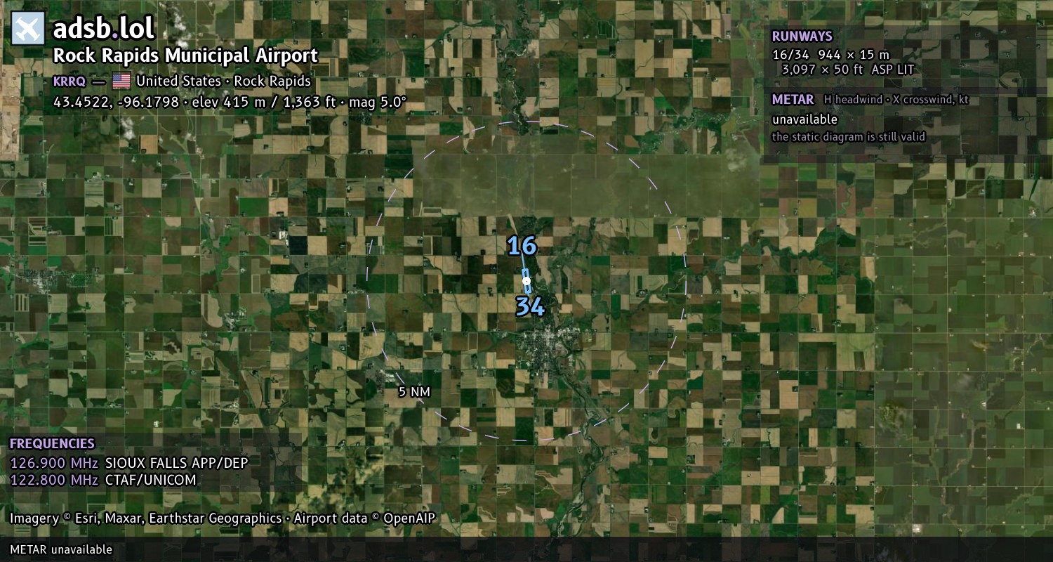 Satellite map with the runway layout of Rock Rapids Municipal Airport (KRRQ)