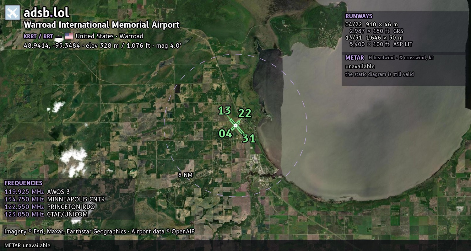 Satellite map with the runway layout of Warroad International Memorial Airport (KRRT)
