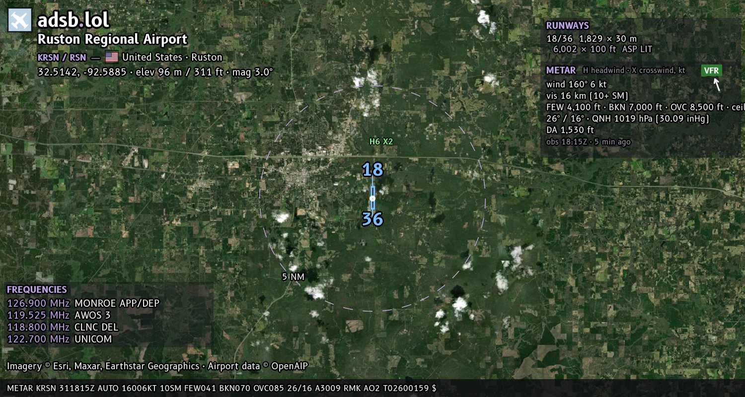 Satellite map with the runway layout of Ruston Regional Airport (KRSN)
