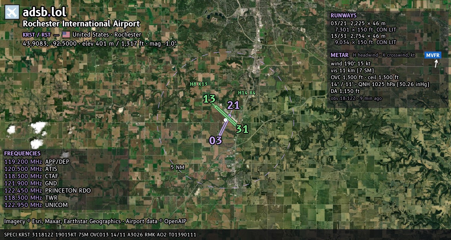 Satellite map with the runway layout of Rochester International Airport (KRST)