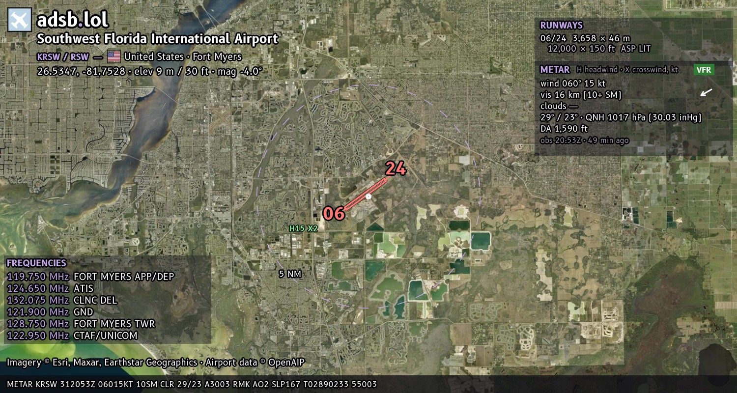 Satellite map with the runway layout of Southwest Florida International Airport (KRSW)
