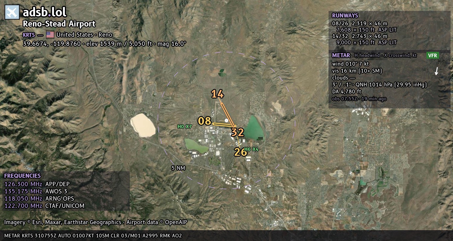 Satellite map with the runway layout of Reno-Stead Airport (KRTS)
