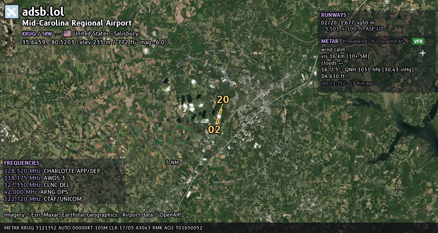 Satellite map with the runway layout of Mid-Carolina Regional Airport (KRUQ)