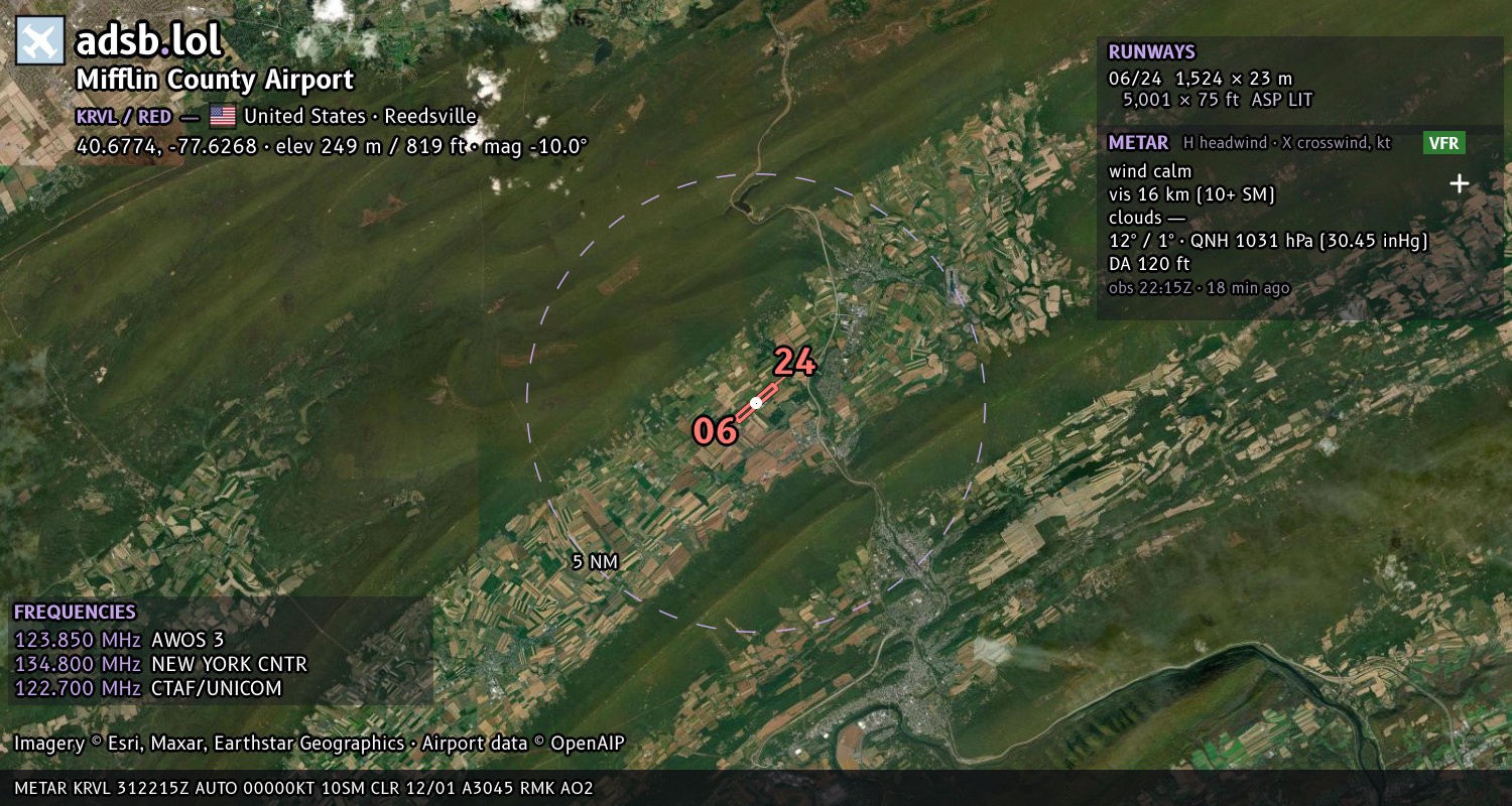 Satellite map with the runway layout of Mifflin County Airport (KRVL)