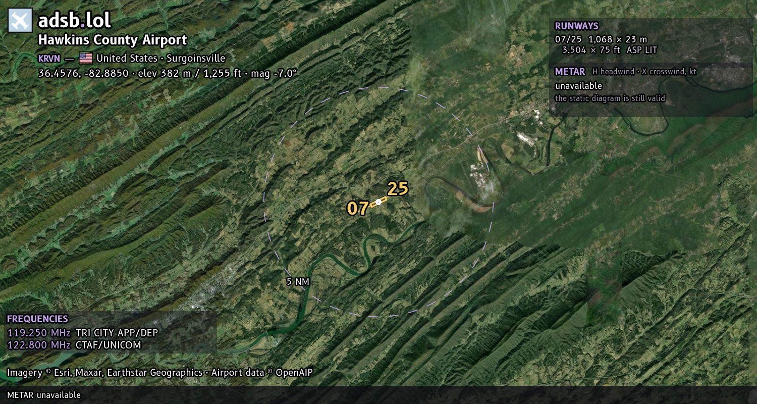 Satellite map with the runway layout of Hawkins County Airport (KRVN)