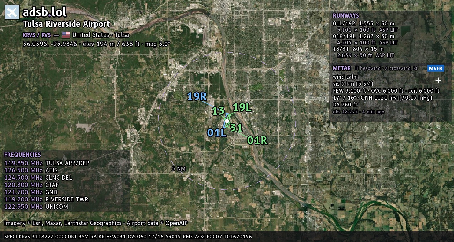 Satellite map with the runway layout of Tulsa Riverside Airport (KRVS)