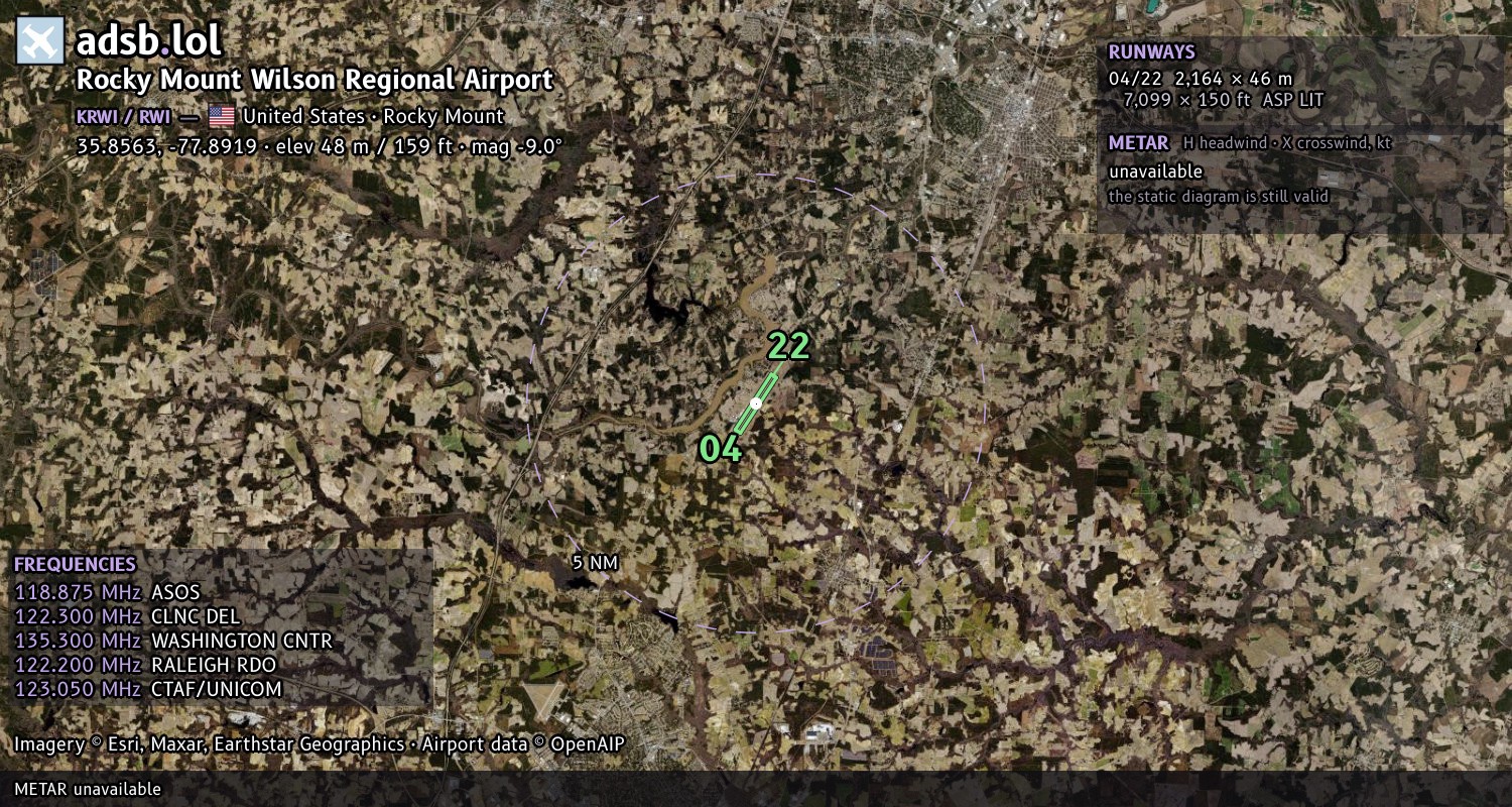 Satellite map with the runway layout of Rocky Mount Wilson Regional Airport (KRWI)