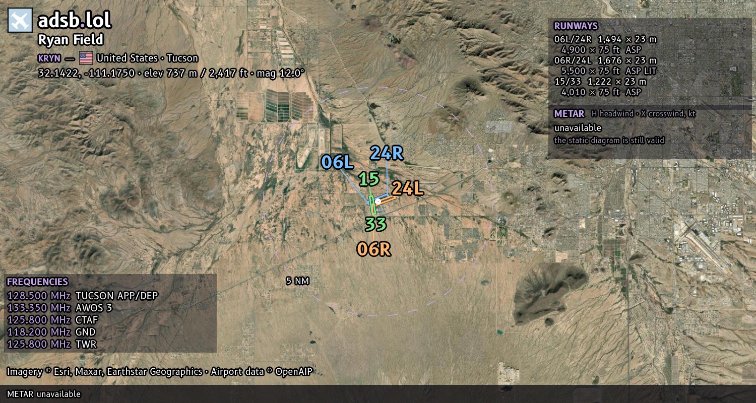 Satellite map with the runway layout of Ryan Field (KRYN)