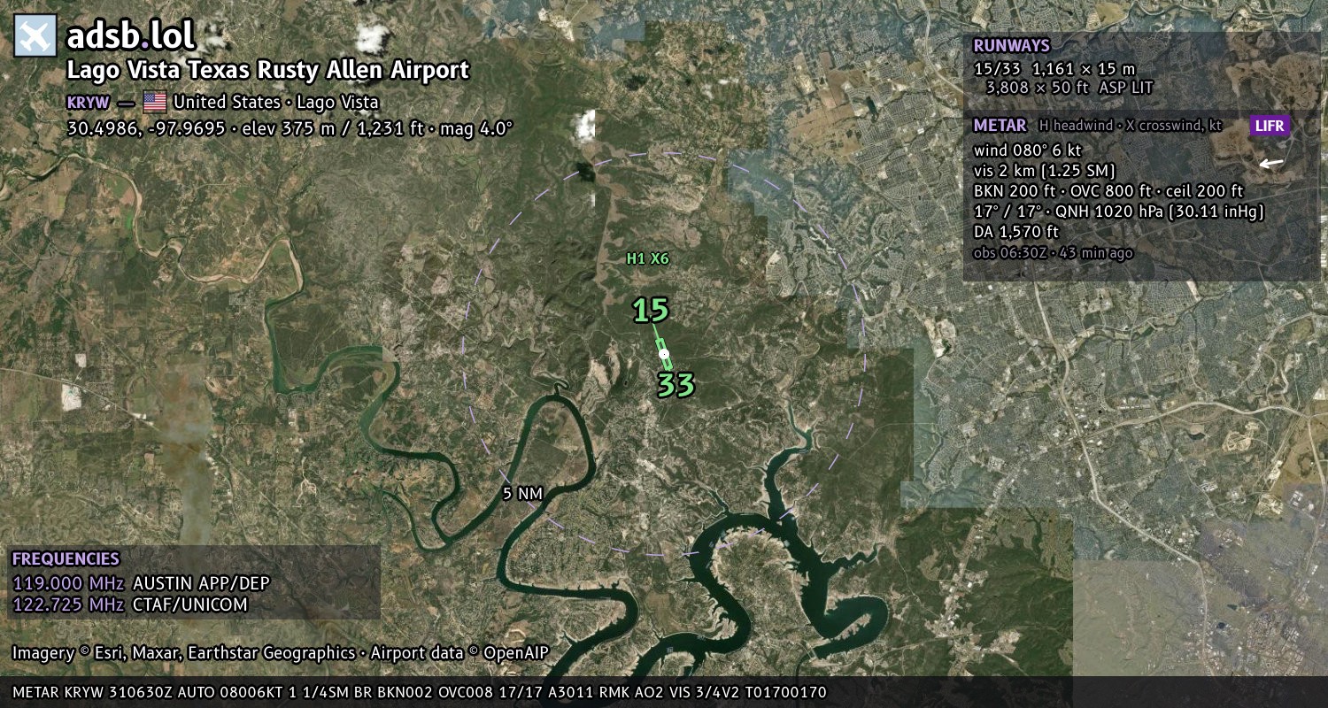 Satellite map with the runway layout of Lago Vista Texas Rusty Allen Airport (KRYW)