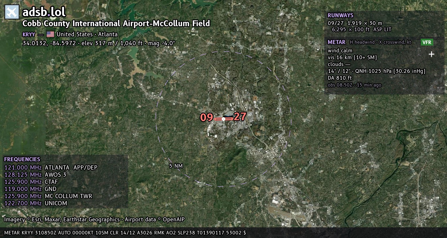 Satellite map with the runway layout of Cobb County International Airport-McCollum Field (KRYY)