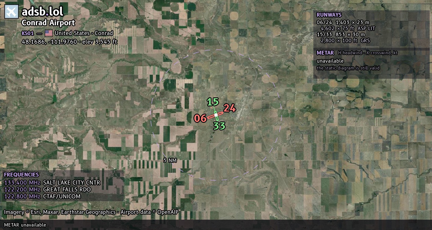Satellite map with the runway layout of Conrad Airport (KS01)