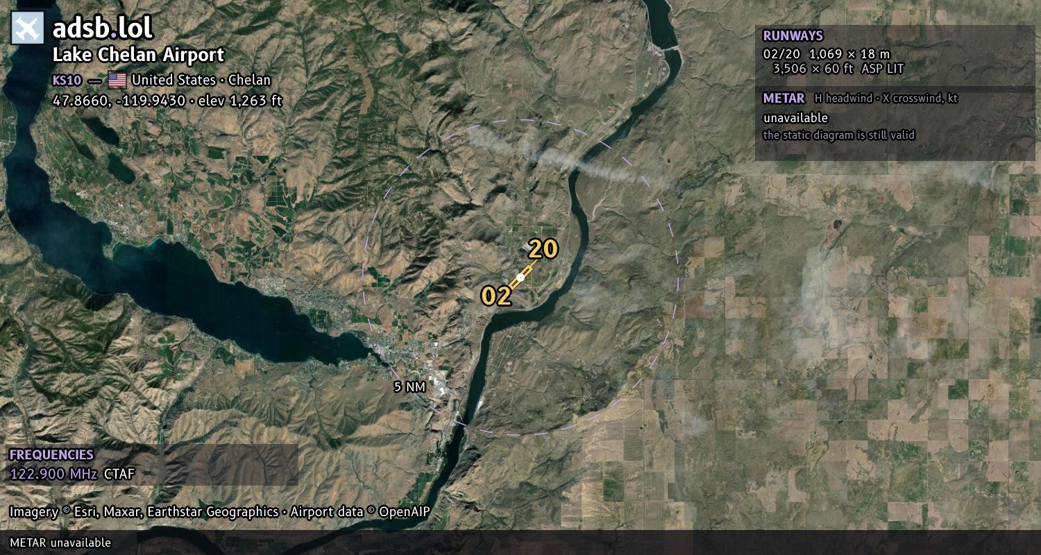 Satellite map with the runway layout of Lake Chelan Airport (KS10)
