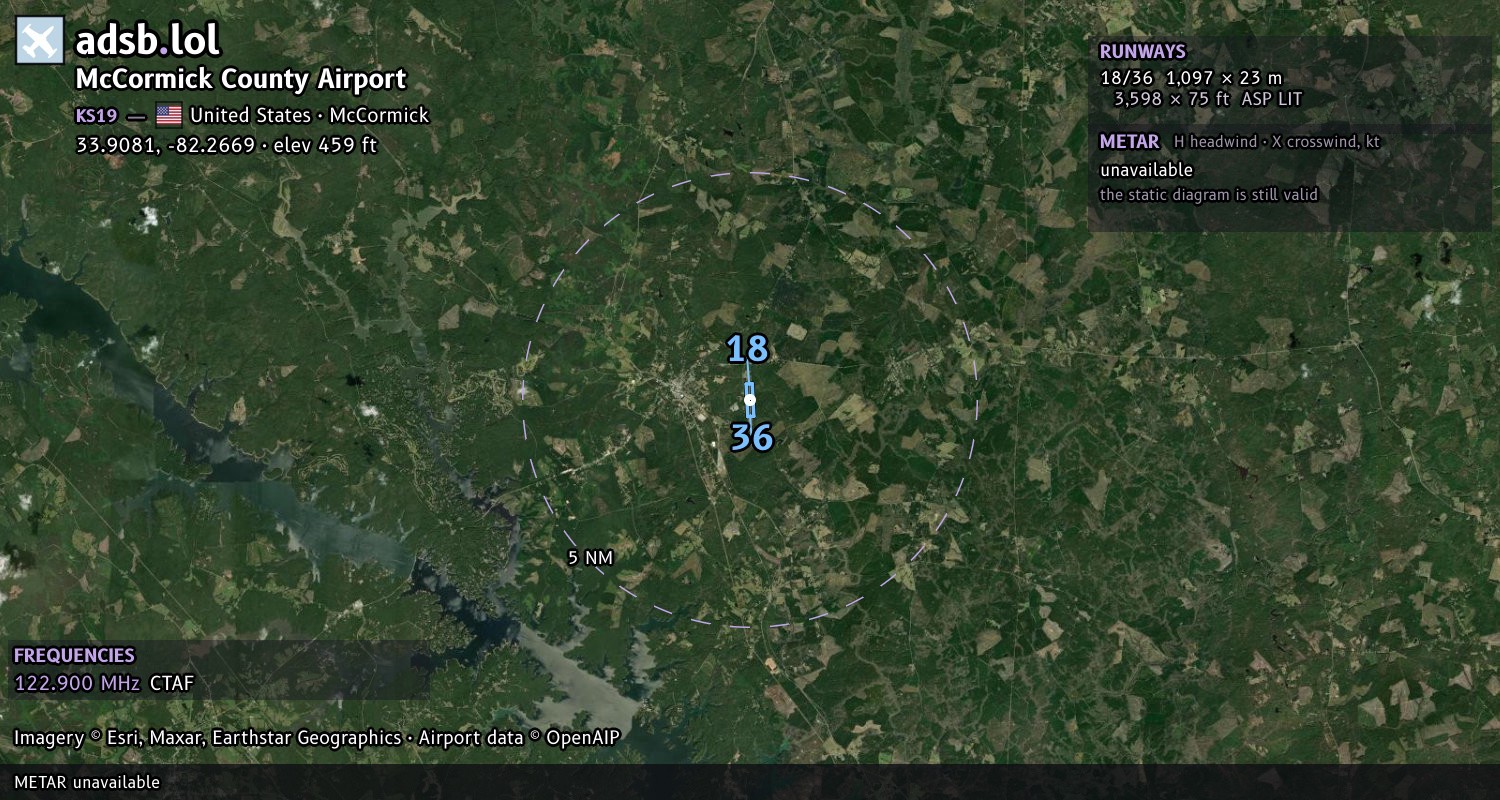 Satellite map with the runway layout of McCormick County Airport (KS19)