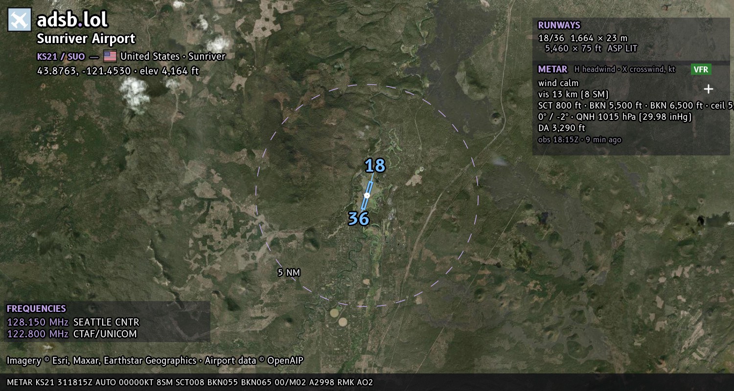 Satellite map with the runway layout of Sunriver Airport (KS21)