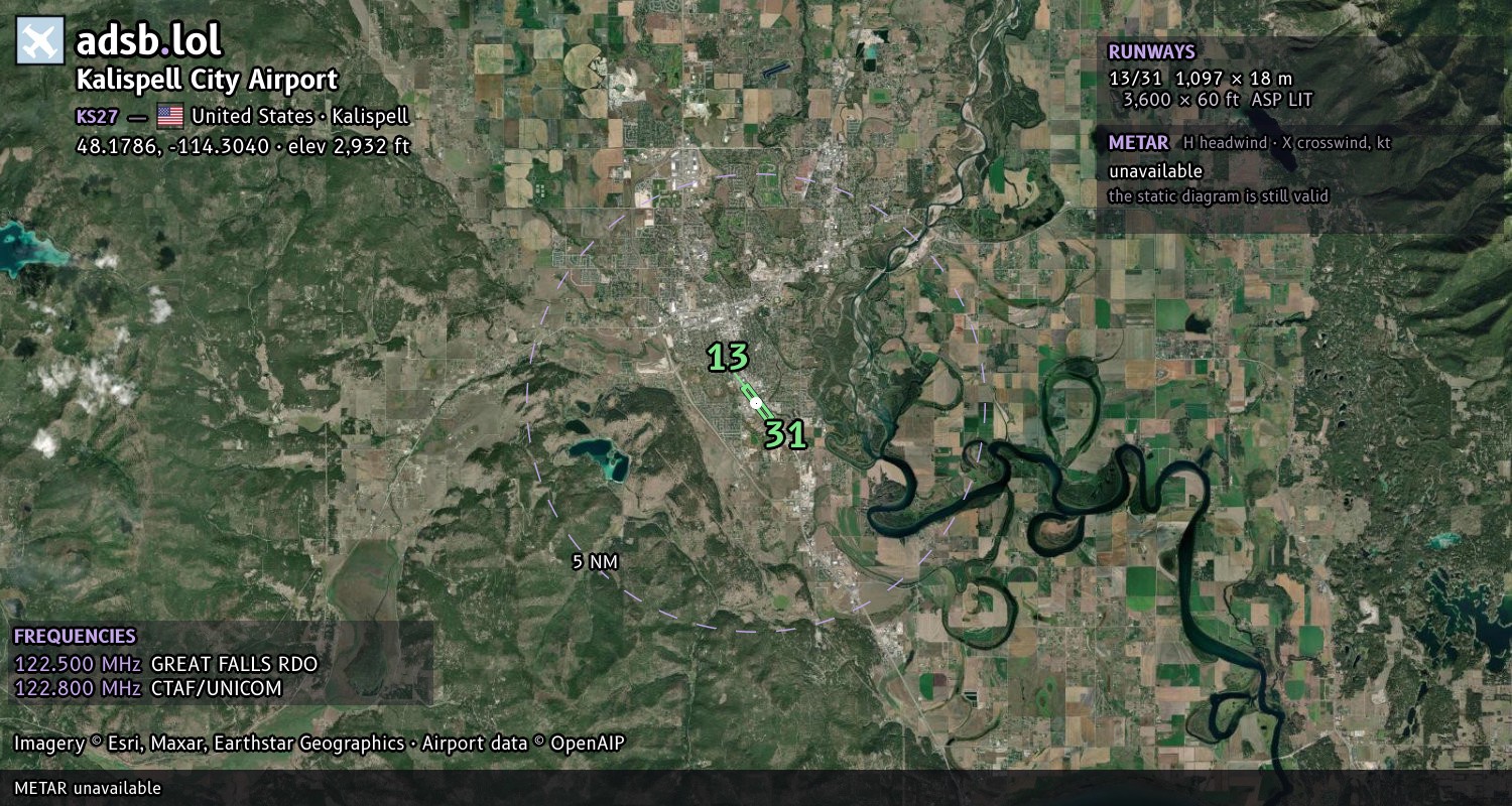 Satellite map with the runway layout of Kalispell City Airport (KS27)